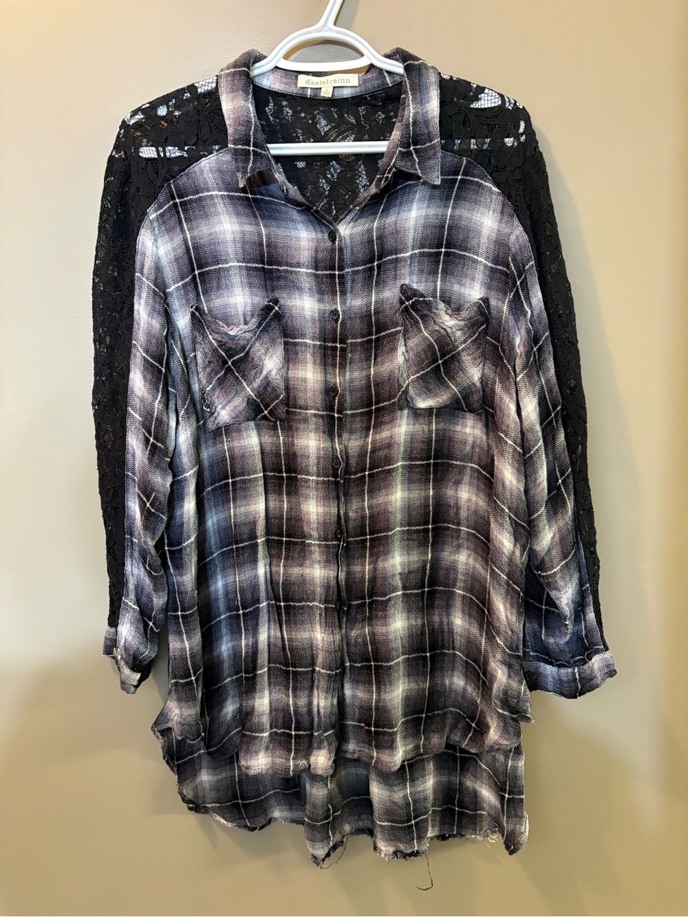 Plaid Button-Up Shirt with Lace Back - Black/Grey